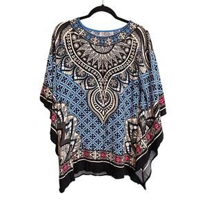 Flying Tomato Women's Blue Rayon Paisley Print Pullover Poncho Top Size Large